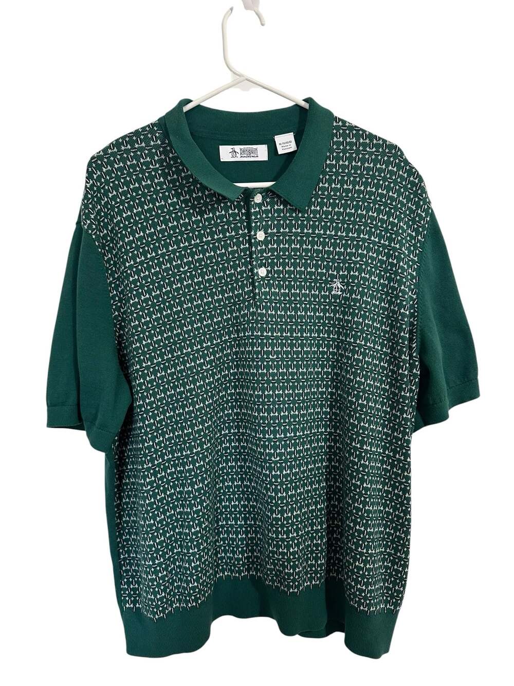 Original Penguin Mens XL Jacquard Knit Polo Shirt Green Preppy Golf Cotton Blend